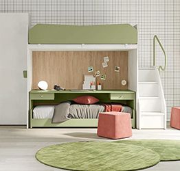 Letto con scrivania a castello, finitura Cemento artico, Oliva e Royal oak
