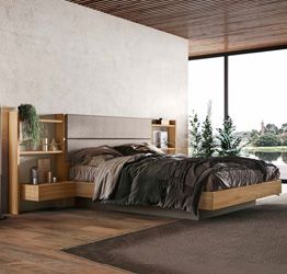 Letto matrimoniale contenitore Ester, finitura Noce biondo e Orzo con testata tessuto Grigio