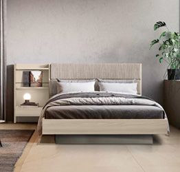 Letto contenitore matrimoniale Ester, finitura Bianco altea e Orzo con testata tessuto Beige