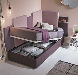 Letto contenitore singolo con testata a due lati, ecopelle e tessuto Lilla