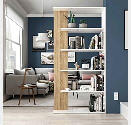Libreria moderna di design 5 ripiani, bianco artik e rovere canadian