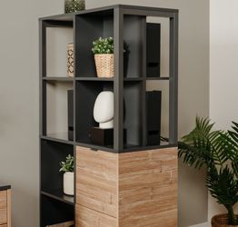 Libreria di design in stile nordico in finitura antracite e bamboo