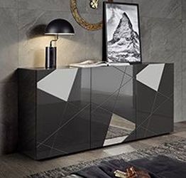 Madia prezzo basso, credenza moderna serigrafata con 3 ante e specchi in finitura Grigio lucido