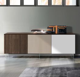 Credenza Moderna, Madia di Design con piedini in vetro, 3 ante, Teak, Bianco e fango