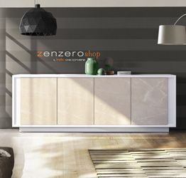 Credenza Moderna, Madia di Design, 4 ante, Bianco Nobilitato e Opera