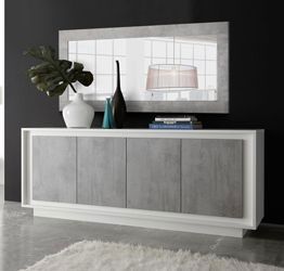 Credenza mobile moderna, 4 ante, Bianco Opaco con frontali Beton