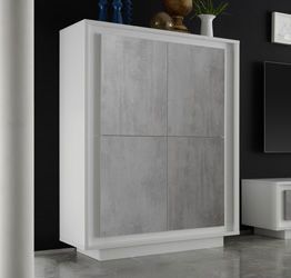 Credenza Moderna, Madia di Design, 4 ante Alta, Bianco opaco con frontali Beton