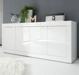 Credenza Moderna, Madia di Design, 4 ante, Bianco Lucido