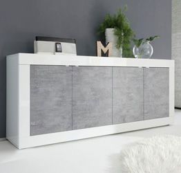 Madie, credenza moderna a 4 ante, Bianco Lucido e Beton