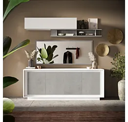 Credenza mobile moderna, 4 ante, Bianco Opaco con frontali Beton