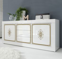 Credenza Moderna, Madia bianca laccata lucida, 2 ante e 3 cassetti con serigrafia oro