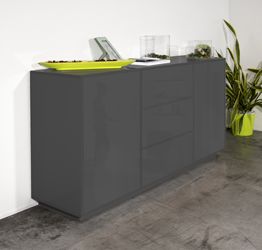 Credenza di design in finitura antracite laccato lucido con tre cassetti e due sportelli