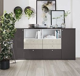 Madia 6 cassetti e 2 ante, finitura Grigio titanio e Rovere cognac