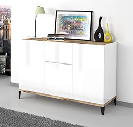 Madie economiche, Credenza moderna Bianca lucido e pero, 3 ante 1 cassetto