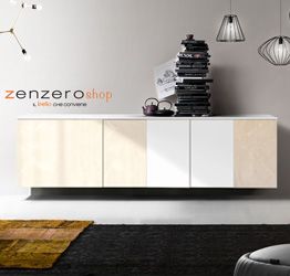 Credenza sospesa, Madia moderna, 5 ante, finitura Bianco Nobilitato e Opera