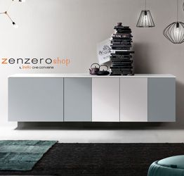 Credenza sospesa, Madia moderna, 5 ante, finitura Bianco, Alluminio e Grey