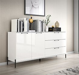 Credenza 2 ante 3 cassetti con piedini, finitura Bianco lucido e opaco