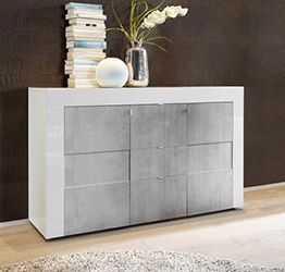 Credenza Moderna, Madia di Design, 2 ante e 3 cassetti, Bianco Lucido con frontali Beton