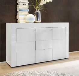 Credenza Moderna, Madia di Design, 2 ante e 3 cassetti, Bianco Lucido