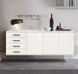 Credenza sospesa 3 ante 4 cassetti, finitura Cemento Artico