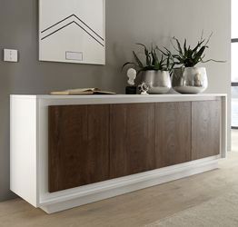 Credenza Moderna, Madia di Design, 4 ante, Bianco Opaco con frontali Cognac