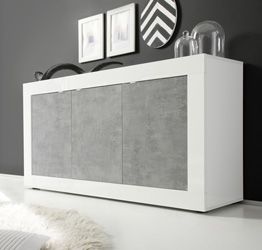 Credenza Moderna, Madia Bianca Lucida con 3 ante in finitura Cemento