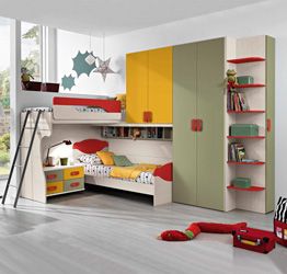 Cameretta con soppalco Denise, moderna e di design, finitura Betulla, Giallo, Salvia e Rosso