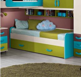 Letto per bambini Dlicat, Struttura con secondo lettino estraibile, Letto  singolo per cameretta con 1 cassettone e mensola, 200x99h74 cm, Bianco e Blu