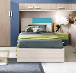 Letto singolo Alberto con contenitore, finitura Betulla e Turchese