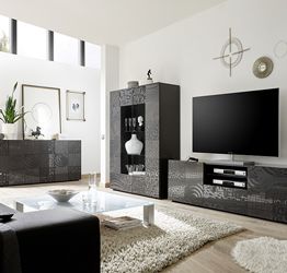 Sala completa di base porta tv, madia 3 ante e vetrina in grigio serigrafato