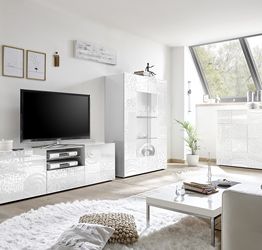 Sala completa di base porta tv, madia e vetrina in bianco laccato lucido serigrafato