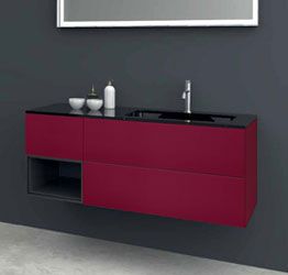 Mobile bagno sospeso 3 cassetti, lavabo integrato, finitura Rosso vino e Cristallo nero lucido