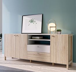 Mobile credenza con 3 ante, 2 cassetti e vano a giorno, Rovere sonoma e Bianco