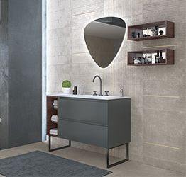 Mobile bagno con piedi a 2 cassetti, finitura Grigio basalto e Noce canaletto