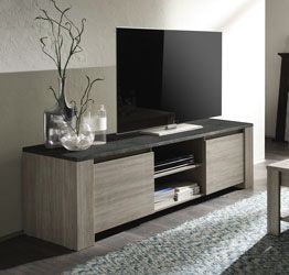 Porta TV moderno 2 ante e vani a giorno, finitura Rovere Grigio con Top effetto Marmo