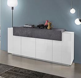 Madia moderna di design con ribalta in finitura Bianco lucido e Ardesia