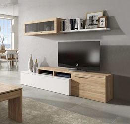 Parete attrezzata, bianco lucido e rovere, con porta tv, mensola e pensile