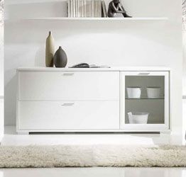 Credenza contenitore con anta in vetro, anta ribalta e cassettone inferiore 