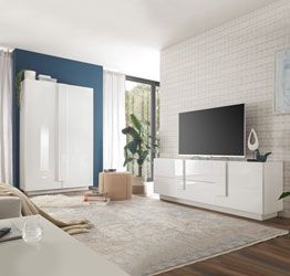 Occasione soggiorno moderno con madia alta e porta tv, finitura Bianco laccato lucido