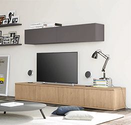 Parete attrezzata con base tv in finitura Royal oak e Grigio titanio