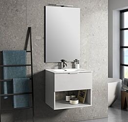 Mobile da bagno sospeso con lavabo in ceramica, colore Bianco effetto pietra