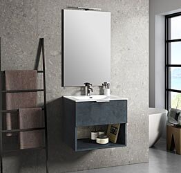 Mobile da bagno sospeso con lavabo in ceramica, colore Blu effetto pietra