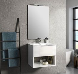 Mobile da bagno sospeso con lavabo in ceramica, finitura bianco laccato lucido