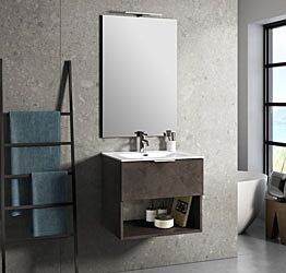 Mobile da bagno sospeso con lavabo in ceramica, colore Marrone effetto pietra