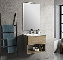 Mobile da bagno sospeso con lavabo in ceramica, finitura Rovere Miele