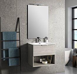 Mobile da bagno sospeso con lavabo in ceramica, finitura Sherwood naturale