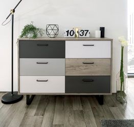 Madia Cassettiera Lappo di design con gambe in metallo, 6 cassetti, finitura Quercia, Bianca, Grigio e Antracite