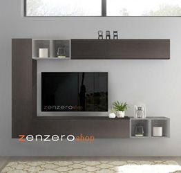 Soggiorno Zenzero moderno, parete attrezzata sospesa moderna in finitura Grigio Artico e Lava