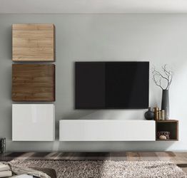 Soggiorno Zenzero moderno,Parete attrezzata moderna finitura Bianco Lucido Noce Dark e Noce stelvio