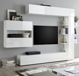 Pareti attrezzate soggiorno moderne con libreria bianco lucido